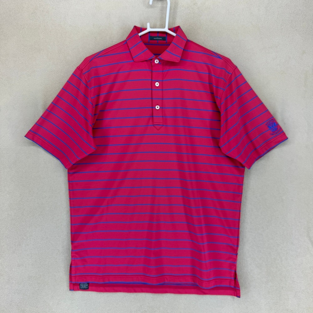 TurtleSon Mens Golf Polo Shirt M Pink Blue Stripe Hacienda Centennial Logo